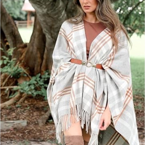 Three Dots Accessories - Three Dots Plaid Cashmere Blend Fringe Kimono Wrap in White, Gray, and Brown NWT